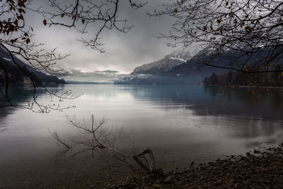 Scenic view of lake against sky at sunset