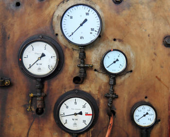 Close-up of pressure gauges on metallic wall