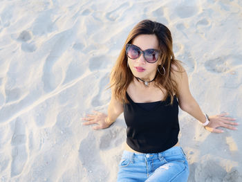 High angle view of woman wearing sunglasses