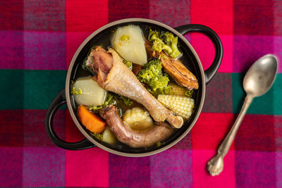 High angle view of food in bowl on table