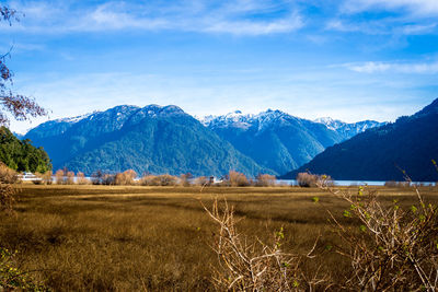 Scenic view of snowcapped mountains against sky