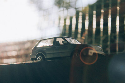 Close-up of toy car on road