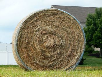 Hay bales on field against sky