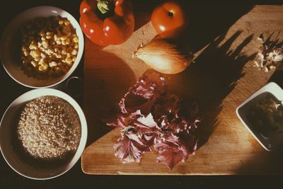 High angle view of chopped vegetables on table
