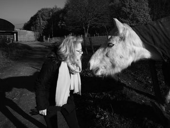 Side view of woman looking at horse while standing on field against trees