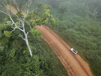 Gabon, mikongo, aerial view of 4x4 car parked on dirt road in middle of jungle