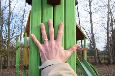 Cropped image of hand touching green wood