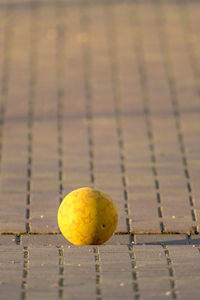 Close-up of fruit on yellow ball on footpath