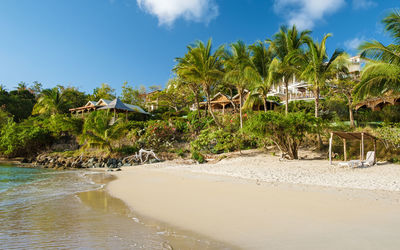 Scenic view of beach against blue sky