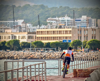 People riding bicycle on bridge in city