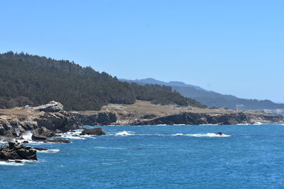 Scenic view of sea against clear blue sky