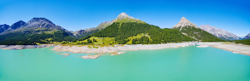 Panoramic view of lake and mountains against clear blue sky