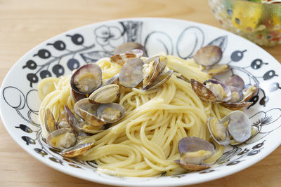 High angle view of pasta in plate on table