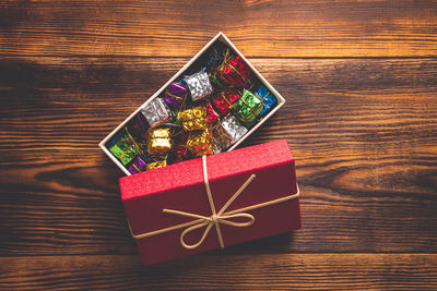 High angle view of christmas decorations on table