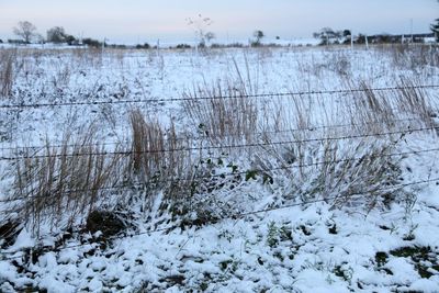 Snow covered field against sky