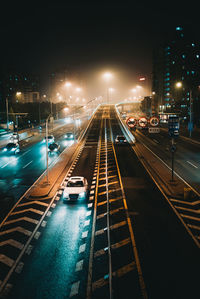 High angle view of illuminated city at night