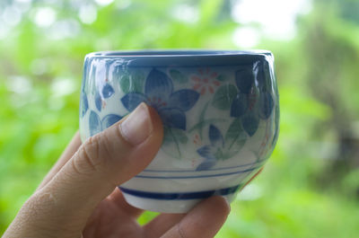 Cropped hand holding cup against trees