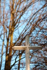 Low angle view of cross on bare tree