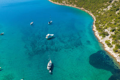 Aerial view of a bay with the boats on the cres island, adriatic sea, croatia