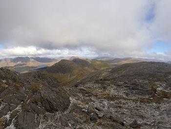 Scenic view of mountains against cloudy sky