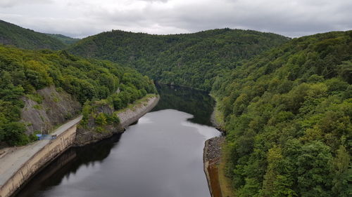 Scenic view of river amidst trees in forest against sky