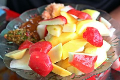 Close-up of fruits served in plate