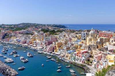 High angle view of city at seaside