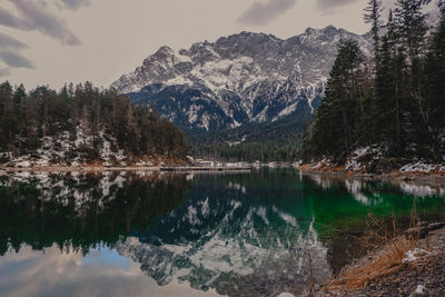 Scenic view of lake by trees against sky