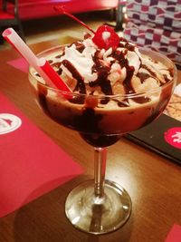 Close-up of ice cream on table