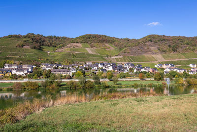 Scenic view of field by buildings against sky