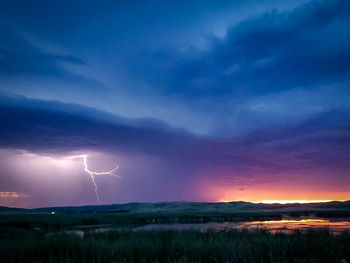 Scenic view of dramatic sky over land during sunset