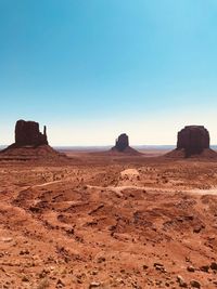 Scenic view of rock formations against clear blue sky