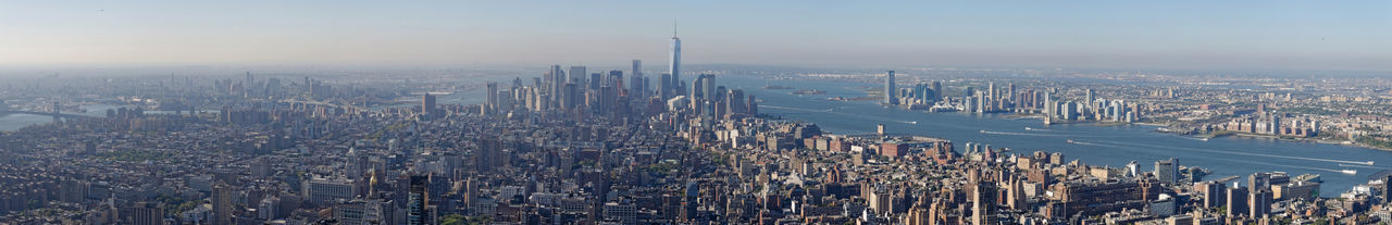 High angle view of modern buildings in city