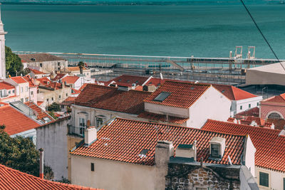 High angle view of houses by sea against sky