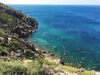 High angle view of sea against blue sky