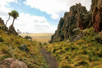Scenic view of rock formations against sky at mount satima dragons teeth in the aberdares, kenya