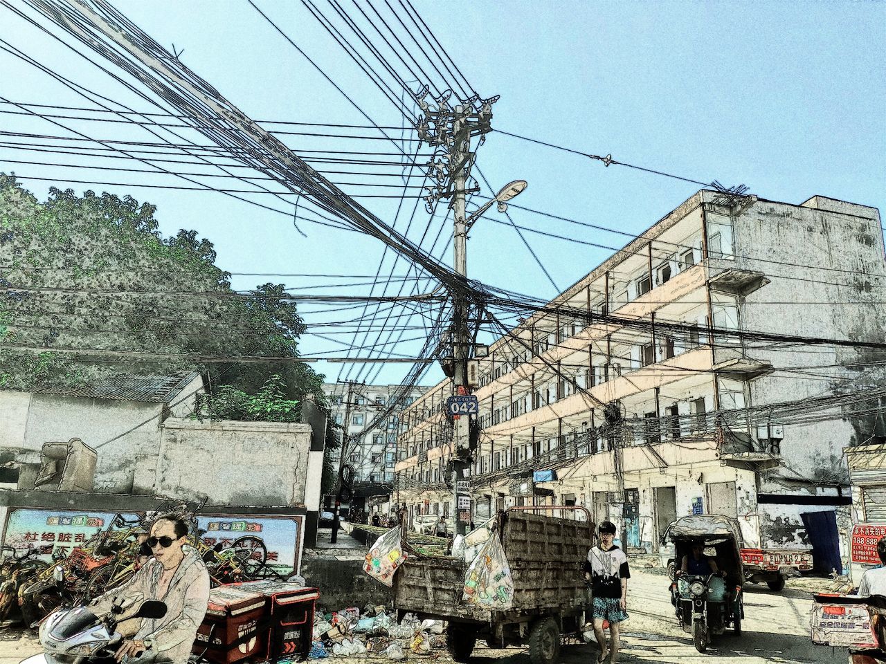 building exterior, architecture, built structure, electricity, cable, power line, technology, day, connection, nature, building, transportation, mode of transportation, sky, power supply, tree, electricity pylon, motor vehicle, city, residential district, outdoors, complexity