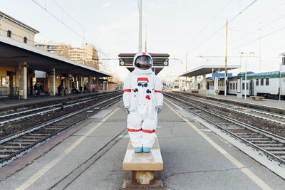 Train on railroad station platform against sky