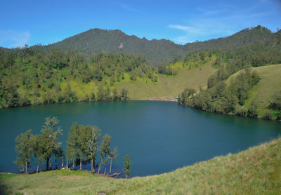 Scenic view of lake and mountains against sky