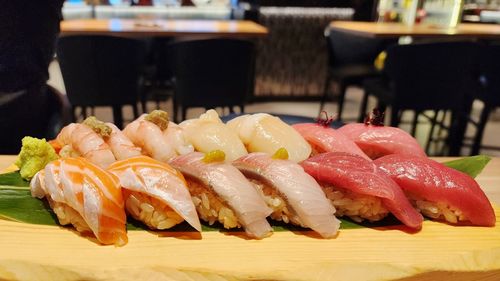 Close-up of sushi on cutting board