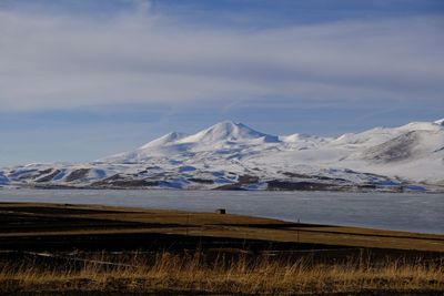 Scenic view of snowcapped mountains against sky