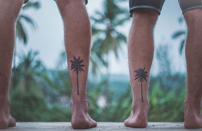 Low section of male friends with palm tree tattoos on railing