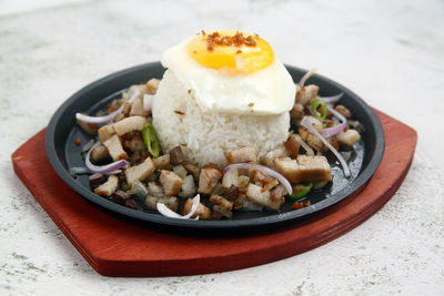 High angle view of food in plate on table