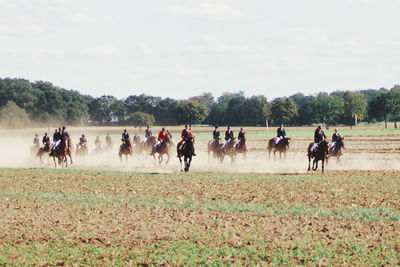 Group of people riding horses on a field at traditional fuchsjagd 