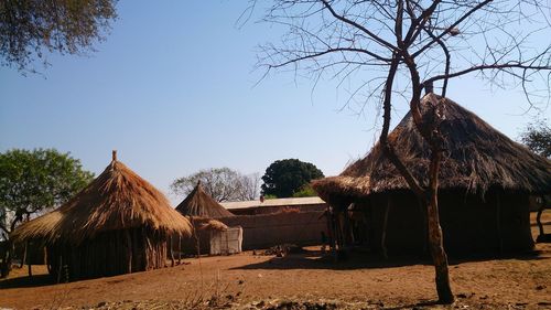 Hut by trees against clear sky