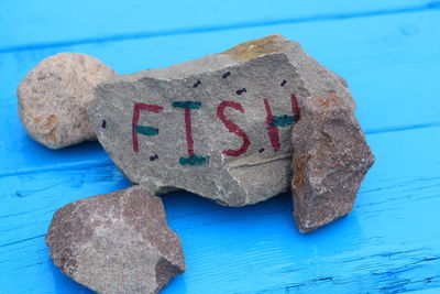 Close-up of text fish on rocks