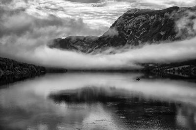 Low lying cloud on a lake in the mountains.