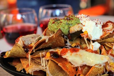 Close-up of food served on table