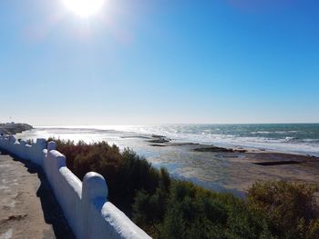 Scenic view of sea against clear sky on sunny day