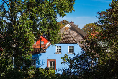 Houses by trees against sky